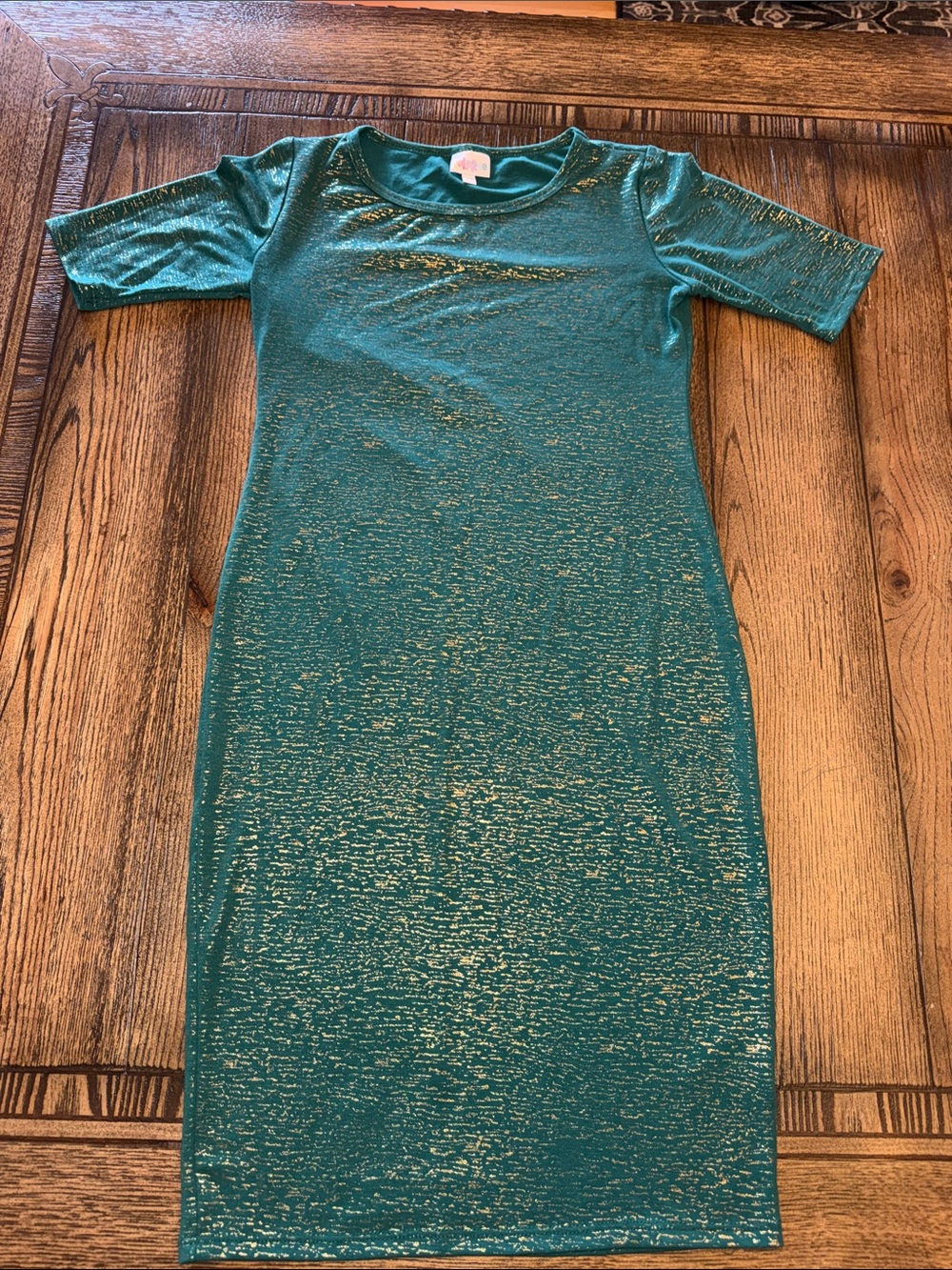 LuLaRoe Julia Green and Gold Metallic Midi Dress